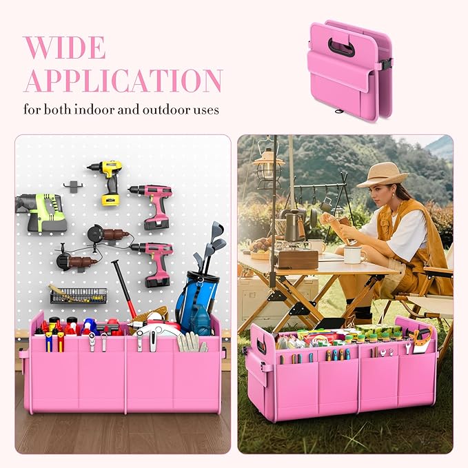 titiyiof Trunk Organizer For Suv & Sedan,Car Organizers and Storage, Waterproof Collapsible & Adjustable Straps,70L Sturdy Car Organization for Car Accessories, Tools,Sundries,2-3 Compartment(Pink