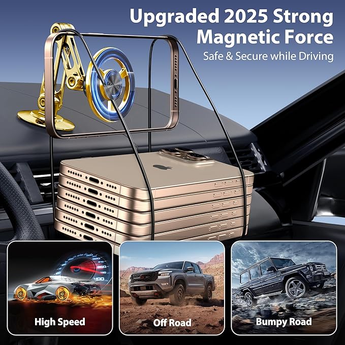 Ultra Magnetic Long-Arm Phone Holder Stand, Fits for MagSafe Car Mount BracketใWindshield+Vent+Dashใ, 360ยฐ Rotation Adjustable Strong Magnets Car Mount Desk Office Phone Cradle Holder, Gold