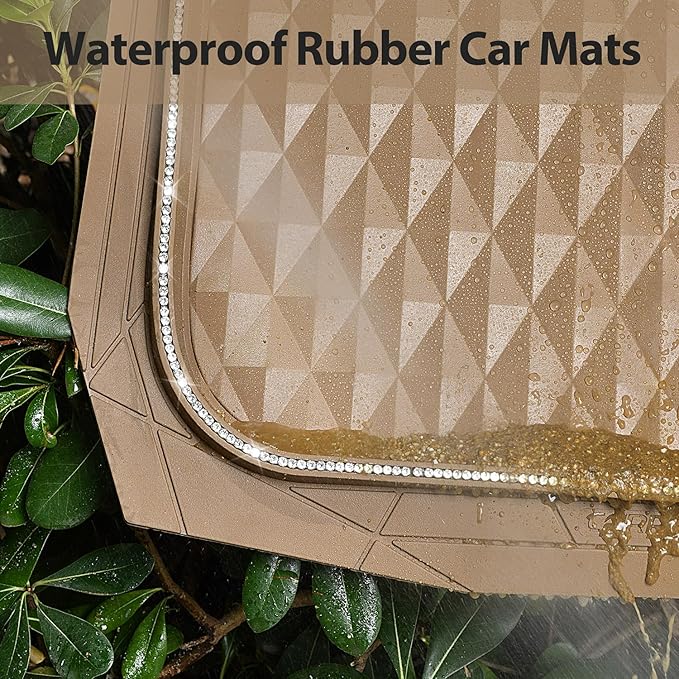 CAR PASS Bling Diamond Rubber Car Mats, Heavy Duty Deep Dish All-Weather Floor Mat Full Set Anti-Slip 3D Rhombus Waterproof Trim Fit Liner Universal Glitter Sparkly Shining Rhinestone, Beige Rubber