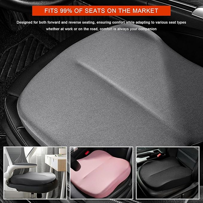 Car Seat Cushion, Ergonomic Memory Foam Auto Seat Boost Mat for Short People Driving, Non-Slip Driver Seats Height Cushion Office Chair Pillow for Tailbone Back Pain Relief (Black)