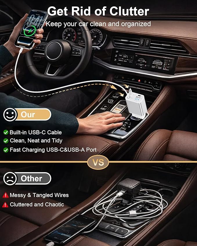 Retractable Car Phone Charger USB C, 4 in 1 Fast Car Charging Adapter with 2 Flexible USB C Cable for iPhone 17e 17 Samsung S26 Android, USBC Cigarette Lighter Gift for Men Android Auto Adapter