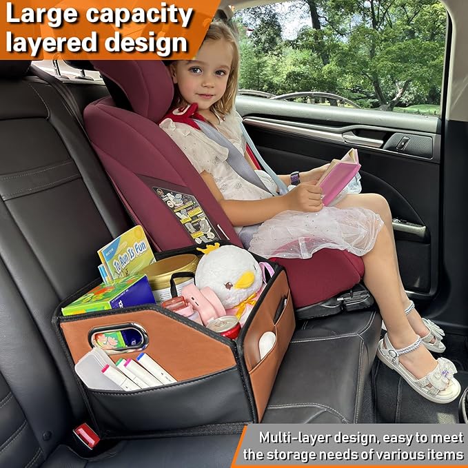 Noaman Car Organizer - 2025 Upgraded Leather Car Storage Organizer for Front Back Seat or Floor with 3 Metal Handles 6 Apartments, Multipurpose Car Organizers and Storage Brown.