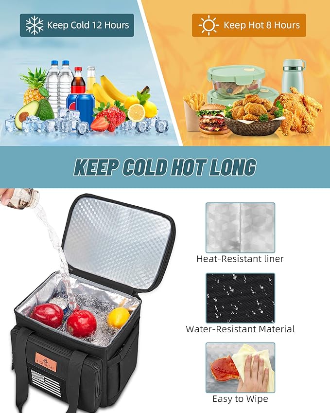HSHRISH Lunch Box, Large Double Deck Expandable Insulated Lunch Bag, Durable Waterproof Leakproof Tactical Cooler Bag with Flag for Men/Work Picnic Trips, 24 Cans/16 L, Black