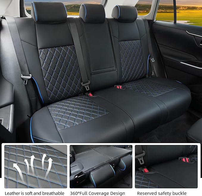 Lolcar Rav4 Seat Covers Custom Fit for Toyota Rav4 (for Hybrid) 2019-2025 LE,XLE,XLE Premium,Limited,Woodland Edition, Leather Truck Seat Cover Full Set for SUV,Faux Leather(Black with Blue Trim)