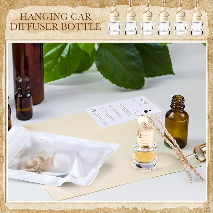Boao 100 Sets Hanging Car Air Freshener Diffuser Bottles with Instruction Card and 4 x 6'' Resealable Holographic Bag for Empty Car Essential Oil Perfume Bottles Packaging (Cylinder)