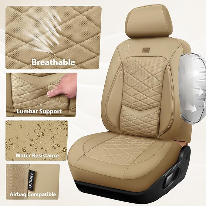 CAR PASS Luxury Nappa Leather Seat Covers Full Set, Water Resistant Faux Leather Seat Cover with Lumbar Support, Breathable Automotive Seat Covers Universal Fit for Sedan SUV Van Truck, Pure Beige