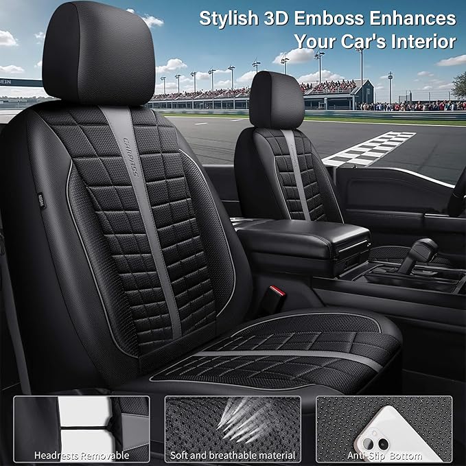 CAR PASS 3D Foam Mesh Leather Car Seat Covers Full Set, Breathable Premium Leather Seat Covers for Car,Anti Slip Universal Fit for Trucks Cars Sedans Vans SUVs, Airbag Compatible, Black Gray