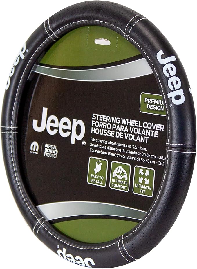 Plasticolor 006695R01 Jeep Deluxe High Contrast Stitching Premium Steering Wheel Cover for Cars, Trucks & SUV, Black