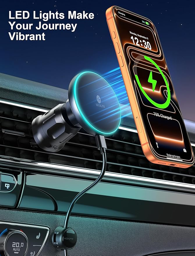 MOKPR for iPhone Magsafe Car Mount Charger, Wireless Car Charger Magnetic Car Phone Holder for Dash Air Vent-LED HandsFree Car Mount Fast Car Charger for iPhone 17/16/15/14/13/12 Series