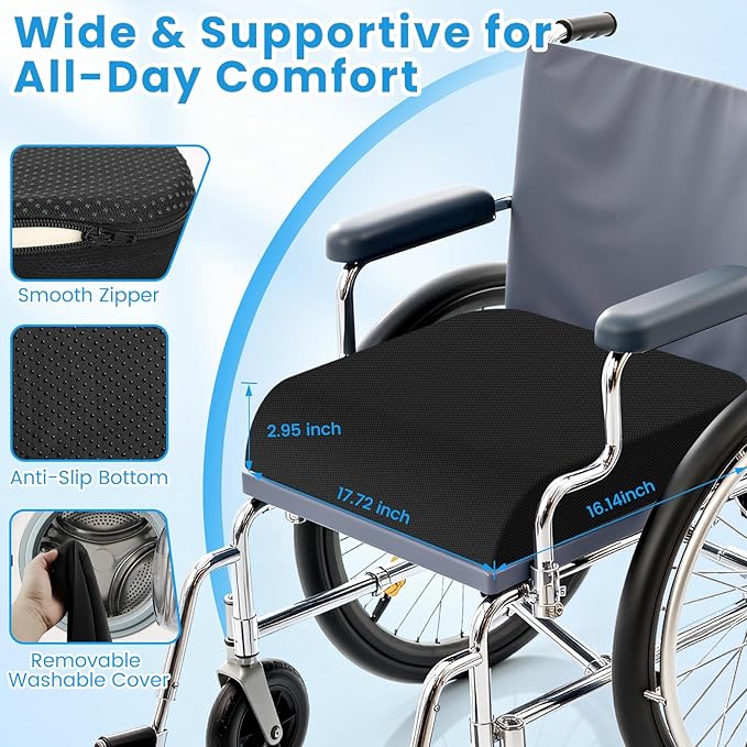 Wheelchair Seat Cushion for Pressure Relief, Cooling Gel Memory Foam Chair Cushion with Slope-Edge Design, Coccyx Support for Tailbone Pain, Non-Slip, for Wheelchairs, Office Chairs & Car Seats