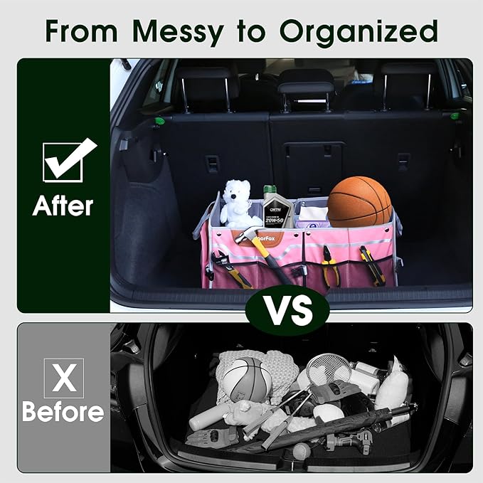 SugarFox Car Trunk Organizer for SUV, 70L Heavy Duty Waterproof Trunk Organizer, Foldable Vehicle Organizer with Anti-Slip Base, 24”x13.8”x11.8”, Pink-M003