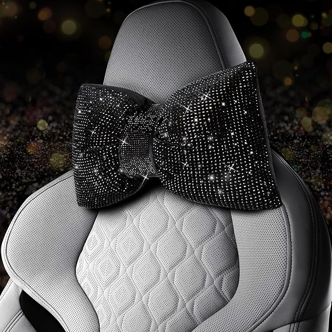 2 PCS Bling Car Pillows,Rhinestones Bowknot Car Headrest Pillow,Car Neck Pillow for Driver Relax Necksupport,Sleeping Travel Support Neck Pillow,Shiny Diamond Interior Accessories for Women,Black