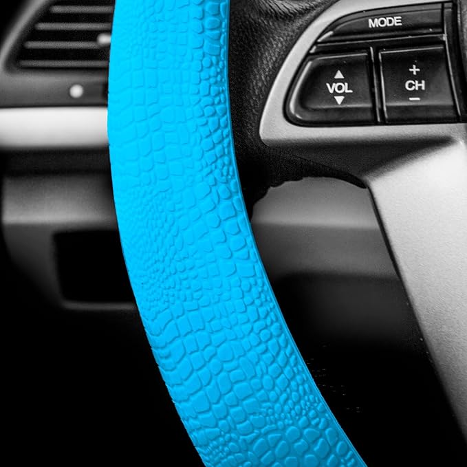 FH GROUP Car Seat Covers Premium Tall Channel Rubber Trimmable Floor Mats w. FH3001 Snake Pattern Silicone Steering Wheel Cover- Universal Fit for Trucks, SUVs, and Vans (Blue/Black) F11311