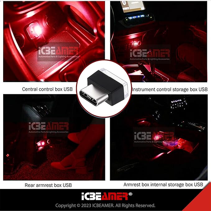 ICBEAMER Type C Adapters Atmosphere Light 2-Pack (Red) | Universal Plug-in Miniature LED Night Light for Car Interior and Trunk Ambient Lighting