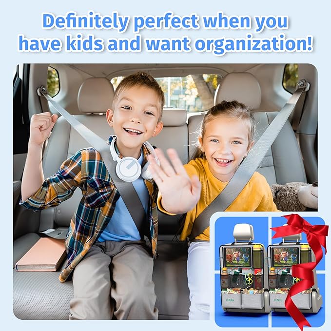 Plzpik Car Backseat Organizer with Tablet Holder,11 Storage Pockets with Foldable Food Tray, Protector Kick Mats for Kids, Travel Accessories Organizer (Gray, 2-Pack)