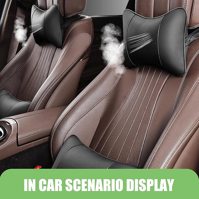 Seat Neck Pillow for Car, Bone-Shaped Breathable Support Cushion to Relieve Neck Pressure, PU Leather + Soft Filling Headrest Pad for All Seasons, for Most Cars Trucks (Black)