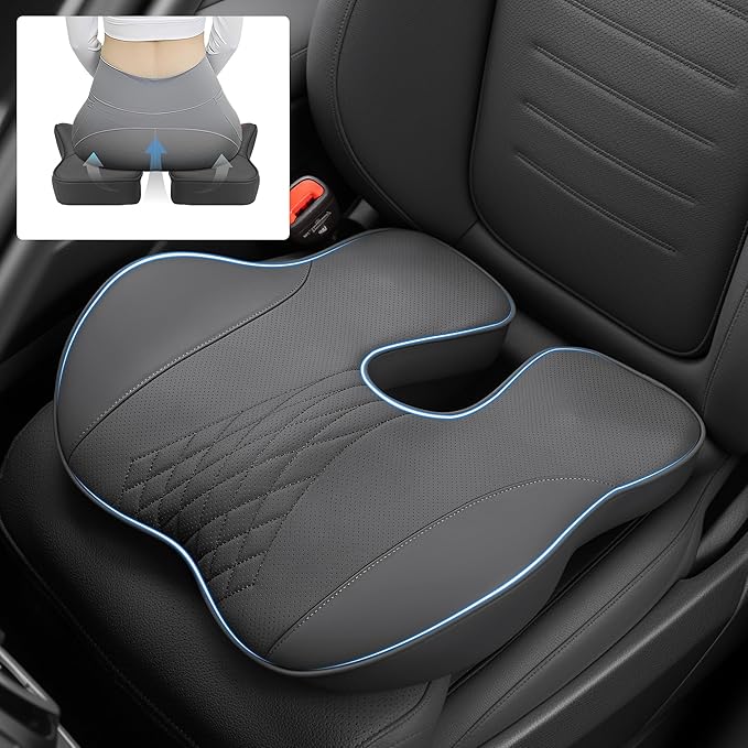 Leather Adult Booster Car Seat Cushion, Effectively Increase Height by 3.96 inch, Dense Memory Foam for Hip Tailbone Coccyx Sciatica Seat Cushion Donut Pillow Seat Cushion for Hemorrhoid (Black)