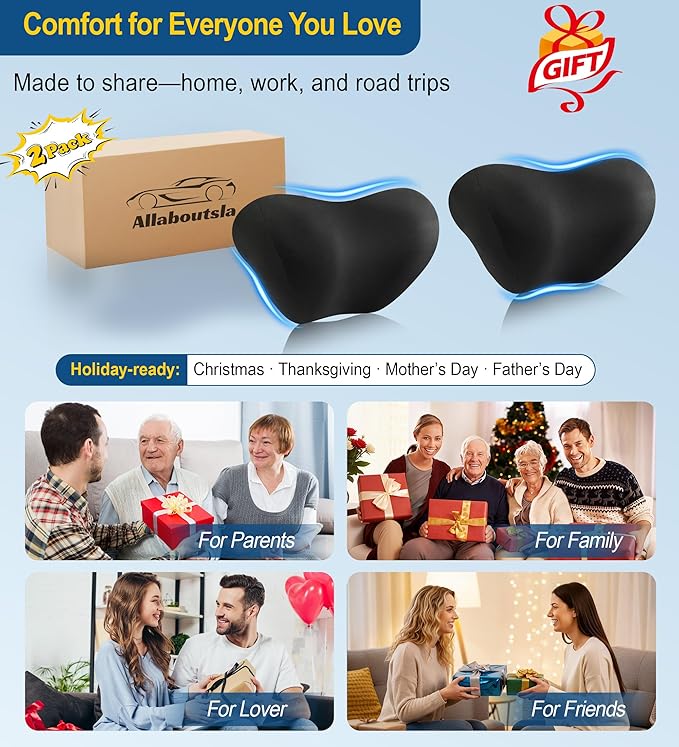 2-Pack Car Neck Pillow: Ergonomic Memory Foam Car Headrest Pillow, Neck Support Pillow for Long Drives, Headrest Support Cushion for Pain Relief, Universal Fit for Cars, SUVs & Trucks – Black