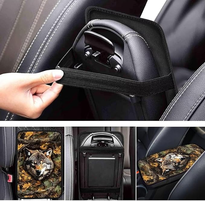 Leaves Wolf Console Center Armrest Lid Cover Protector Car Armrest Storage Box Mat Interior Accessories for Most Vehicle, SUV