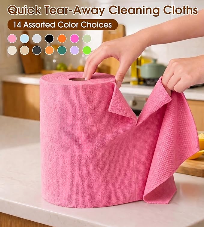 KitchLife Microfiber Cleaning Cloth Roll, 100 Pack - Tear-Away Microfiber Paper Towels, Lint-Free, Reusable, Washable for Kitchen, Car, Dishes, and Sensitive Surfaces (Pink)