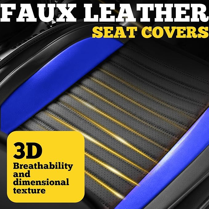 LINGVIDO Full Set Car Seat Covers, Faux Nappa Leather, Airbag Compatible and Waterproof Protectors for Sedans SUVs, Breathable Interior for Active Families, Pets, and Commuters (5 Seats, Black/Blue)