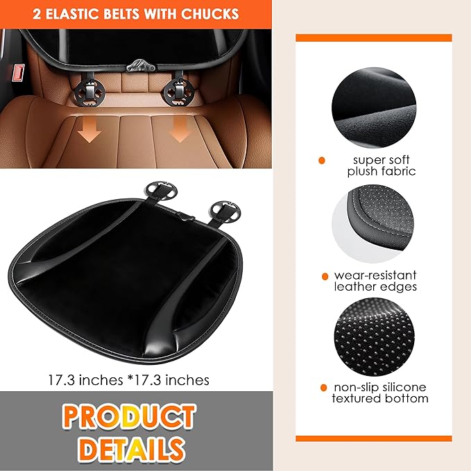 Car Seat Cushion for Driving - Soft Plush Front Seat Cover for Car, Truck, SUV, Office Chair, Wheelchair | Adjustable Straps & Anti-Slip Bottom | Comfortable (Black- Leather)