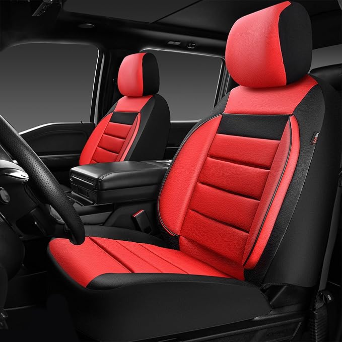 CAR PASS Leather Car Seat Covers Front Seats Only, Universal Fit Automotive Interior Waterproof 3D Foam Back Support Car Seat Covers for Trucks Vans and SUVs Airbag Compatible 2 Pieces (Black Red