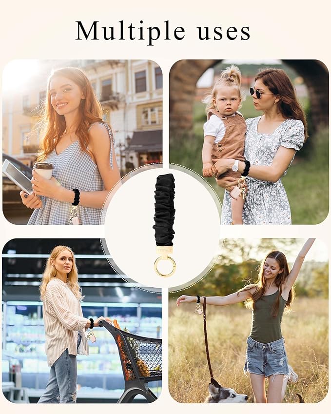 WEESMILE Keychain Wristlet, Stretchy Key Chain for Car Keys with D ring, Cute Scrunchie Wrist Bracelet for Women Men