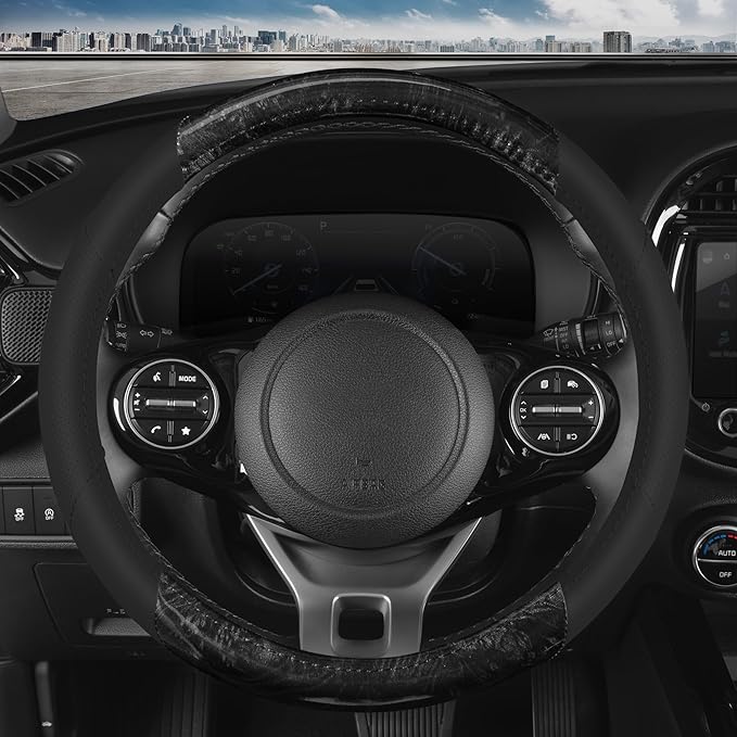 BDK BurlwoodLux Wood Grain and PU Leather Black Steering Wheel Cover - Sport Grip for Car Auto SUV Trucks