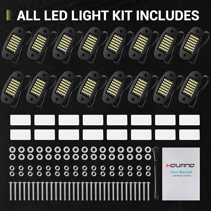 Hovano 16 Pods White Rock Lights 6000K Pure White 36 LEDs SMD Chips Super Bright Neon Underglow Light IP68 Waterproof for Pickup Trucks SUV UTV ATV RZR Car Boats (White)