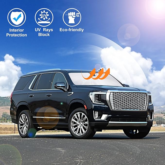 Windshield Sun Shade Custom Fit for 2021 2022 2023 2024 2025 GMC Yukon XL/Chevrolet Suburban Accessories Foldable Sunshade Sun Blocker Protect Car from Sun Rays & Heat Damage Keep Car Cooler