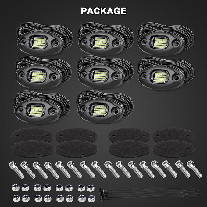 Pure White Rock Lights-24Chip High Power 6000k Pure White, 15FT Cable Each Light, Aluminum Case, Waterproof IP68 Underglow Lights for Trucks Jeep UTV ATV(8 PCS)