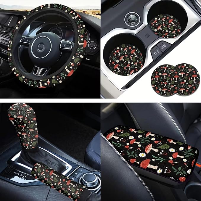 Small Mushroom Car Accessories for Women 6 Pcs Steering Wheel Cover Protector Set Cup Coaster Car Armrest Cover Fits Most Cars Trucks Vans and SUV