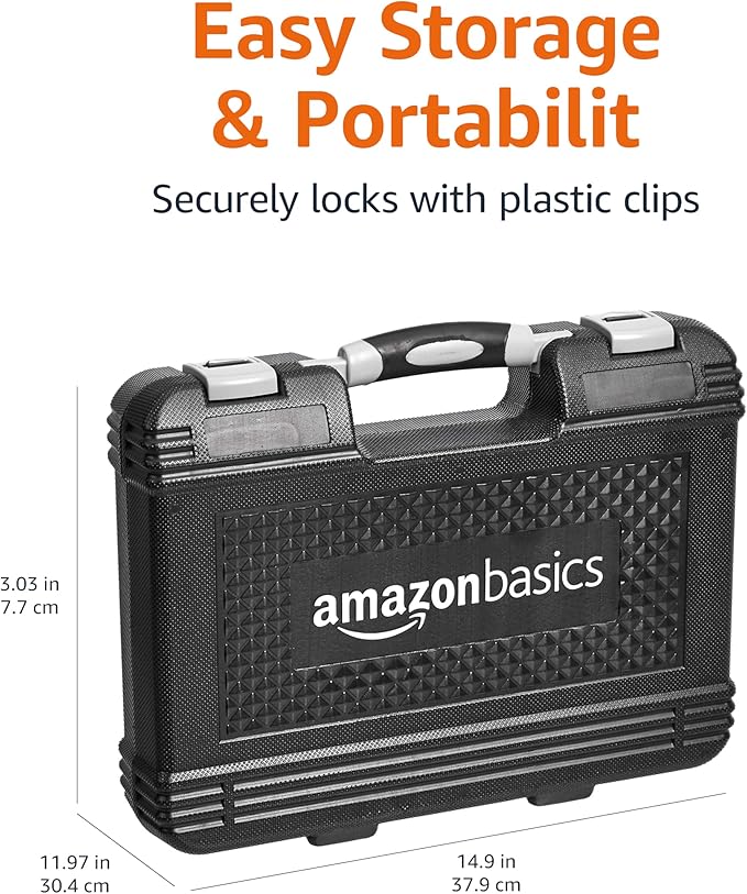 Amazon Basics 65-Piece General Household Home Repair and Mechanic's Hand Tool Kit Set with Storage Case, Portable, Non-Slip Handles, Black