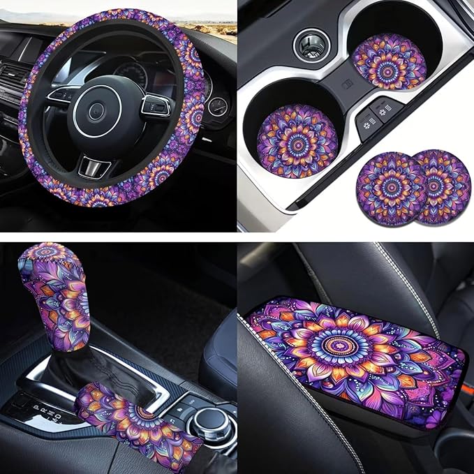 Bohemian Style Car Accessories for Men Women Flower Print Car Steering Wheel Cover Set 6 Pcs Cup Coaster Handbrake Gear Cover Suit for Most Cars Truck Vans SUV