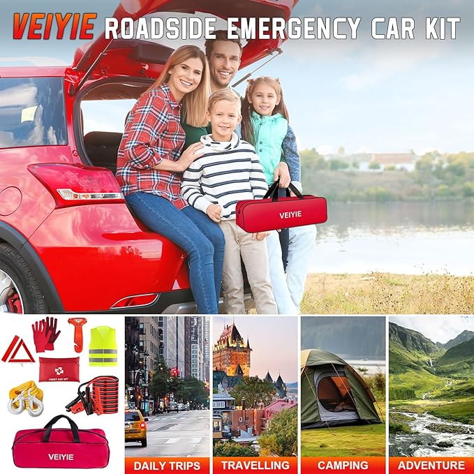 Roadside Emergency car kit for Vehicles, Car First Aid Emergency kit with Portable Air Compressor, Heavy Duty Jumper Cables, Tow Strap, Road Trip Essentials Safety kit, New Driver Gifts
