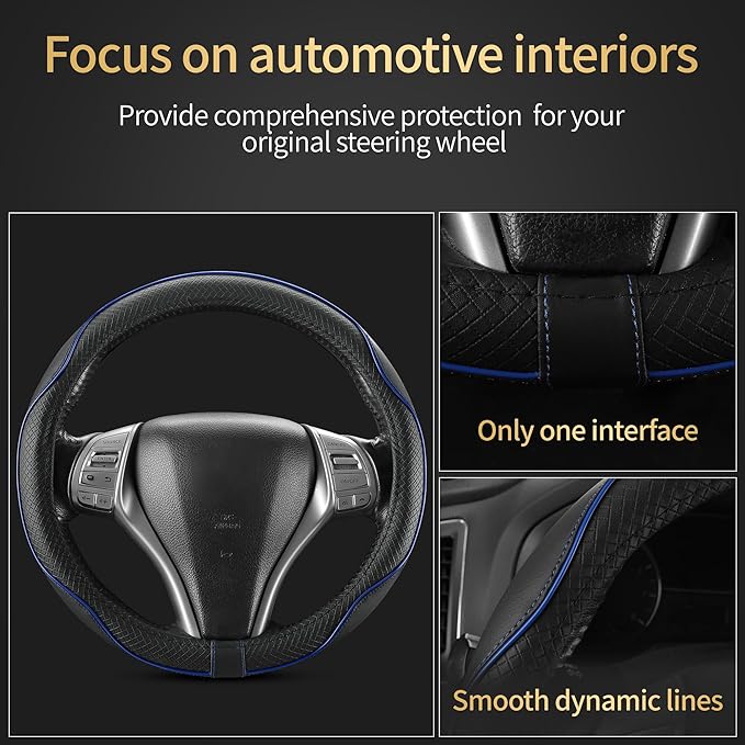 Steering Wheel Cover,Anti-Slip, Safety,Soft,Breathable,Heavy Duty,Thick,Full Surround, Sports Style,Universal Car Accessories for Women Men Fit 14" 1/2-15"(Black with Blue line)