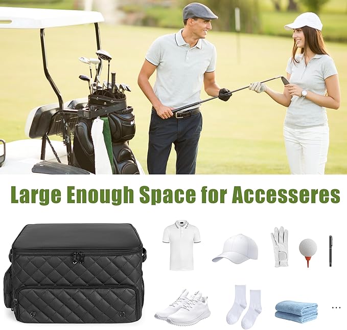 PGmoon 2 Layer Golf Trunk Organizer, Golf Car Storage Organizer with Individual Ventilated Compartment for 2 Pairs Shoes, Golf Car Locker for Balls, Clothes, Tees, Gloves, Accessories