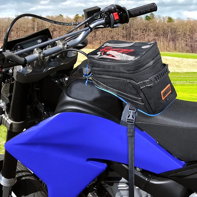 Motorcycle Tank Bag w/Strap Storage Bag Compatible with Honda Yamaha Suzuki Kawasaki Harley Water Resistant (Blue Piping)