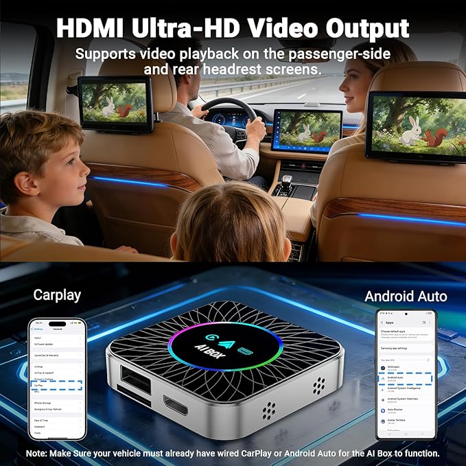AI Box Carplay, 4+32GB Car Video Box for Netflix/YouTube/TikTok/TF Card & HDMI Output Streaming Magic AI Box Wireless CarPlay Adapter with Ambient Light, Fits for OEM Wired Car Play Cars