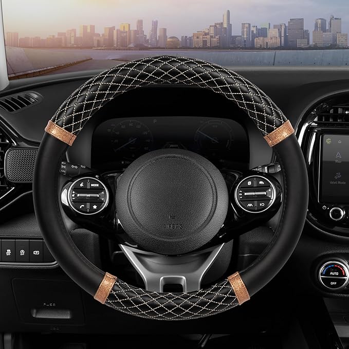 Carbella Rose Gold Quilted Steering Wheel Cover - Elegant Craft 15" Steering Cover for Cars, Trucks, SUV Accessories Accent