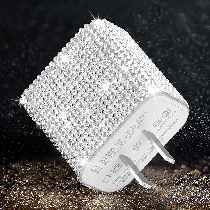 Aolcev for iPhone Charger Fast Charging Bling USB C Charging Block 30W Rhinestones Type C Charger Blocks for iPhone 17 16 15 14 13 12 iPad Bling Fast USB C Adapter for Samsung S26 S25 S24 S23 Sliver