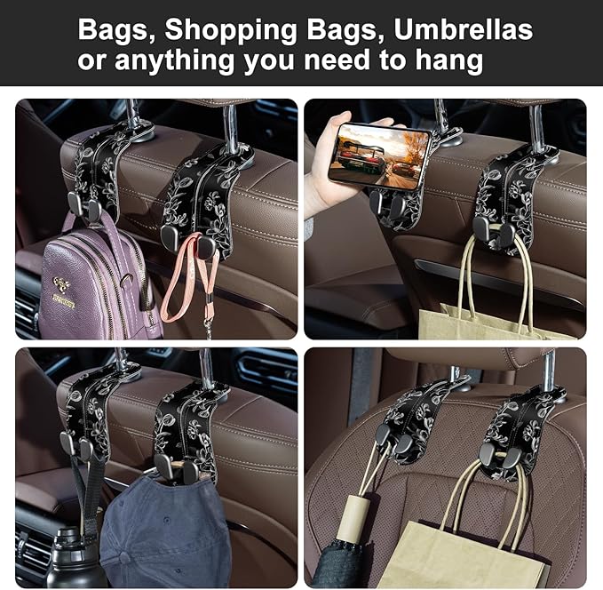 CoBak Purse Hook for Car - Universal Premium Stitched Leather and Aluminum-Magnesium Alloy Double Car Seat Back Storage Hook for Purses, Handbags, Bags (2 Pack),Floral Trace