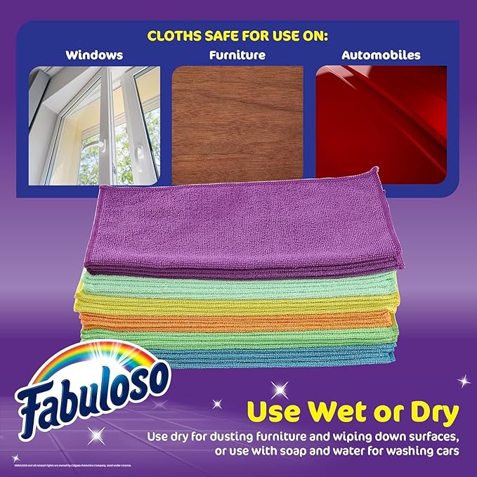 Fabuloso Microfiber Cleaning Cloths for Home & Car, Lint-Free Scratch-Free Rags for Glass, Kitchen & Wood, Reusable Machine Washable, Absorbent for Dusting & Wiping, Rainbow, 13 x 13 in, 24 Ct - 2 Pk