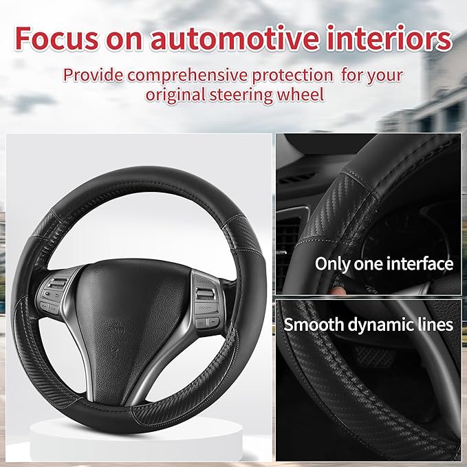 Non-Slip Car Nappa Leather Steering Wheel Cover,Universal Car Accessories Women Men Fit 14" 1/2-15" Suvs/Vans/Sedans/Cars/Trucks,Black