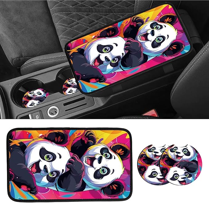 Car Armrest Cover Pads Universal Fashion Cute Auto Center Console Armrest Cover Pad with 2PCS Car Coasters Soft Waterproof Car Armrest Seat Protector for Women, Cute Panda Playing