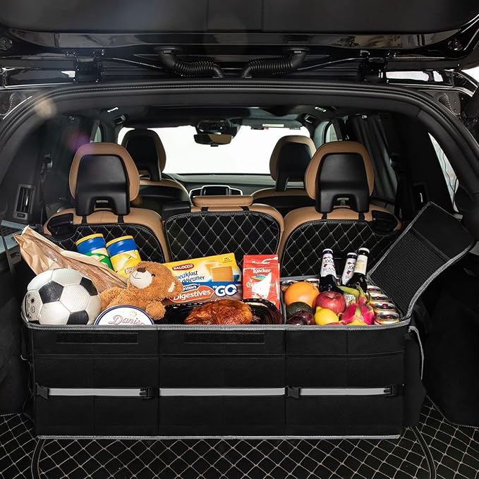 Collapsible Trunk Organizer for Car with Insulated Leak proof Cooler Bag, 3 Compartments SUV Cargo Organizer Removable Dividers, 5 in1 Car Storage Organizer with Foldable Lid,2 Tie-Down Straps(Black)