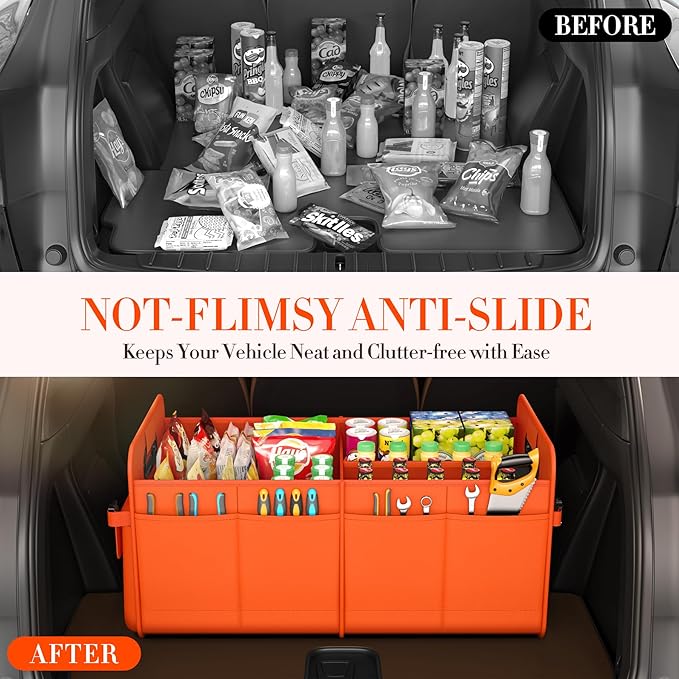titiyiof Trunk Organizer For Suv & Sedan,Car Organizers and Storage, Waterproof Collapsible & Adjustable Straps,70L Sturdy Car Organization for Car Accessories, Tools,Sundries,2-3Compartment(Orange