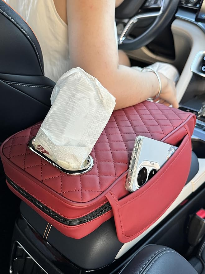 Upgraded Multi-Functional Car Center Console Cover, PU Leather Armrest Pad Cushion with Memory Foam Cushion, 2 Storage Pockets, Tissue Box Hole for Sedan Vehicles, 7 Colors (Red)