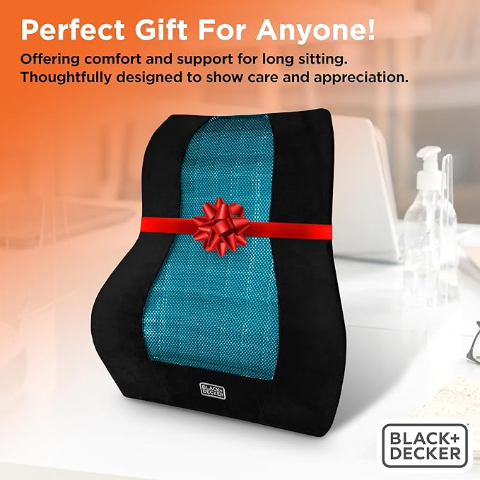 BLACK+DECKER Memory Foam Lumbar Support Pillow with Cooling Gel – High Back Lumbar Cushion for Office, Car, Wheelchair & Airplane – Ergonomic, Pain Relief, Adjustable Strap, Washable Cover,Black/Grey